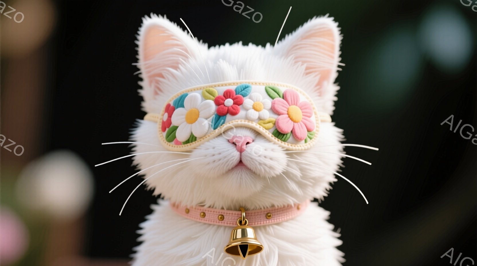 白い毛並みの猫が、花柄のアイマスクとピンク色の首輪を身につけています。猫はまっすぐ前を見つめており、表情は穏やかで可愛らしいです。背景はぼかされており、柔らかい雰囲気で猫が引き立ちます。