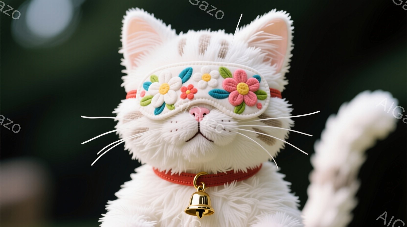 白い猫がクローズアップで映っており、花柄のアイマスクをつけている。赤い首輪には小さな金のベルがついており、ふわふわとした毛並みが特徴的だ。背景は緑色でぼやけており、暖かく穏やかな雰囲気を醸し出している。