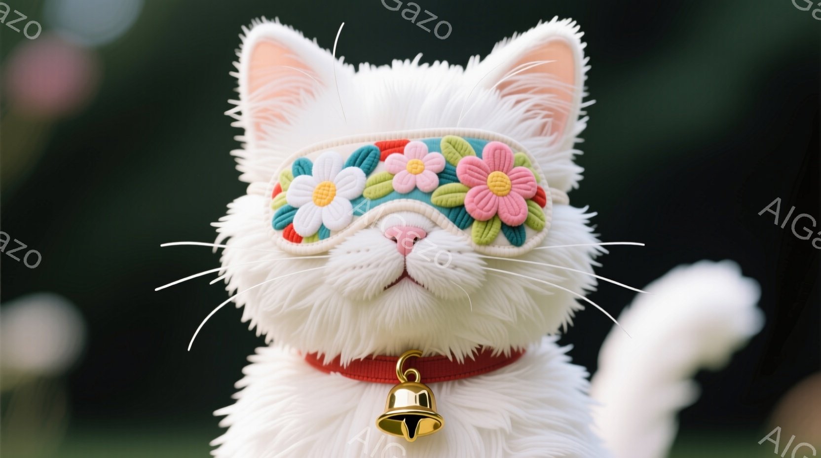 白い毛並みの猫が、花柄のアイマスクと赤い首輪をつけて正面を見つめている。背景は緑色のぼかしで、自然の中で撮影された柔らかい雰囲気のポートレートだ。猫の表情は穏やかで、可愛らしい印象を与える。