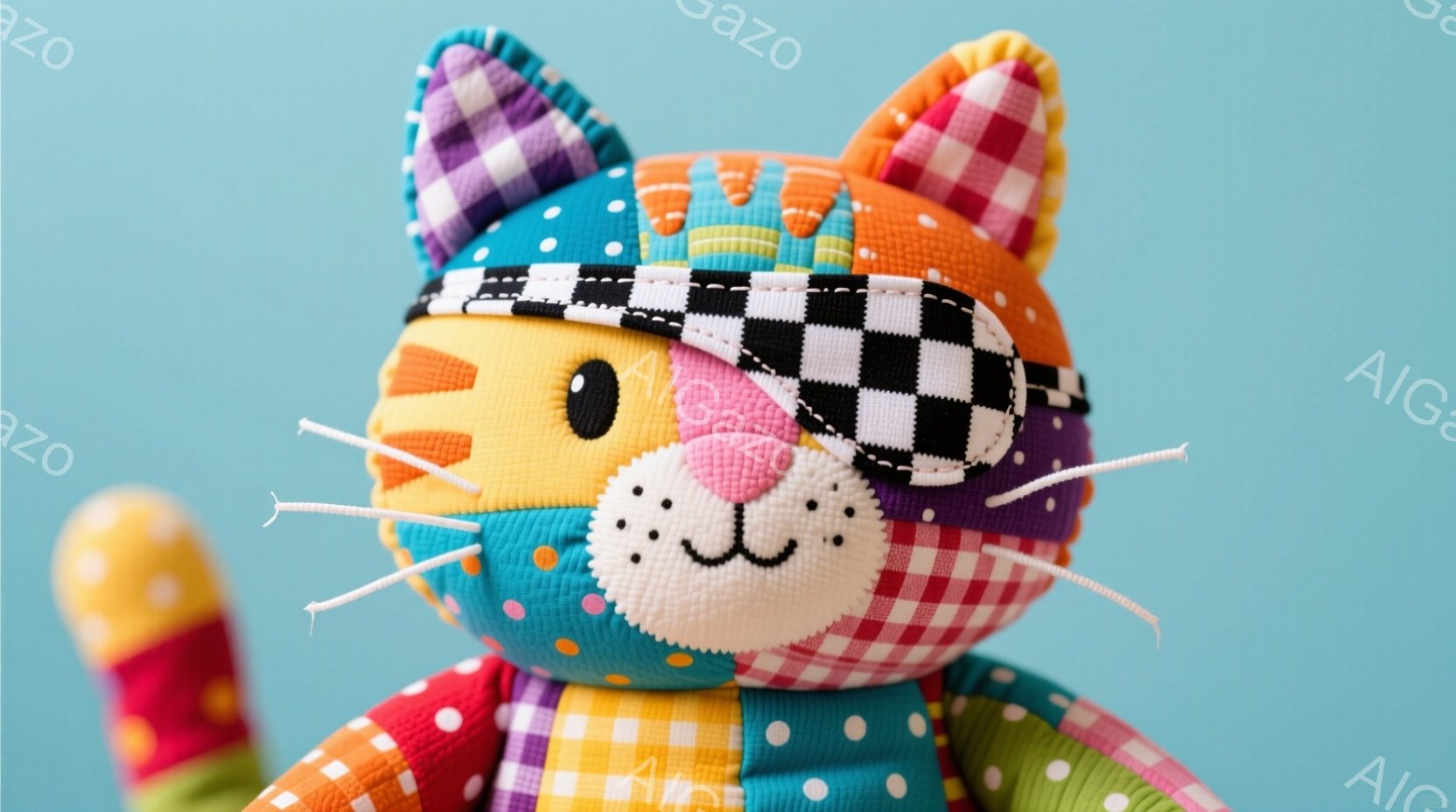 パッチワークで作られた猫のぬいぐるみです。頭には黒と白のチェック柄のバンダナを巻き、明るい色の様々な柄の生地が縫い合わされています。表情は穏やかで、可愛らしい印象を与えます。