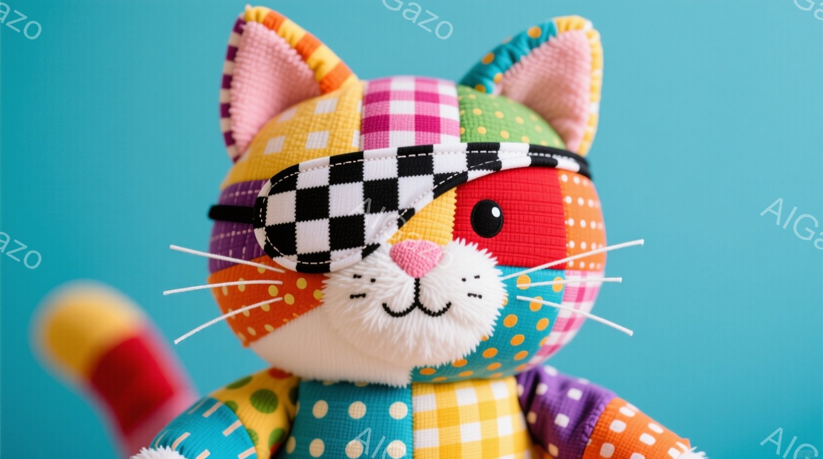 カラフルなパッチワークで作られた猫のぬいぐるみのおもちゃが写っています。猫は黒と白のチェック柄の帽子をかぶり、愛らしい笑顔で正面を見つめています。背景は鮮やかな水色で、ぬいぐるみのカラフルさが際立って - AI生成フリー素材