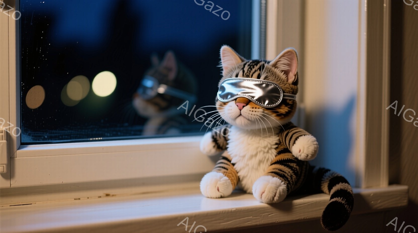 白と茶色の縞模様の猫が窓枠に座り、銀色のアイマスクをかけてリラックスしています。背景は夜景で、ぼやけた光がいくつか見え、猫はまるで眠りにつこうとしているかのような穏やかな表情をしています。全体的に、猫 - AI生成フリー素材