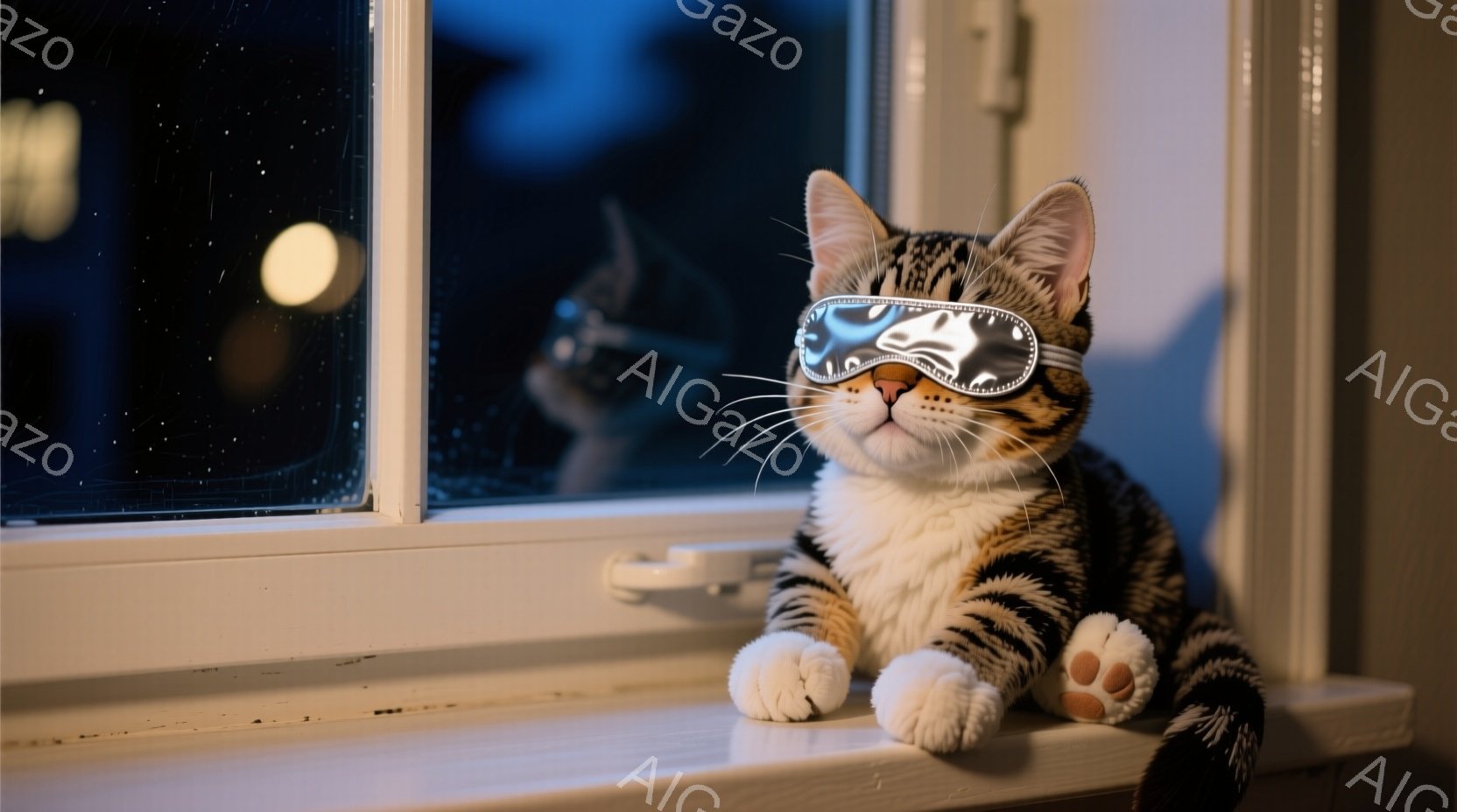 白と茶色の縞模様の猫が窓枠に座り、銀色のアイマスクをかけています。猫は前足を揃えて少しリラックスした様子で、まるで眠る準備をしているかのようです。背景は夜の暗い景色で、ぼんやりとした光がいくつか見え、静かで穏やかな雰囲気を醸し出しています。