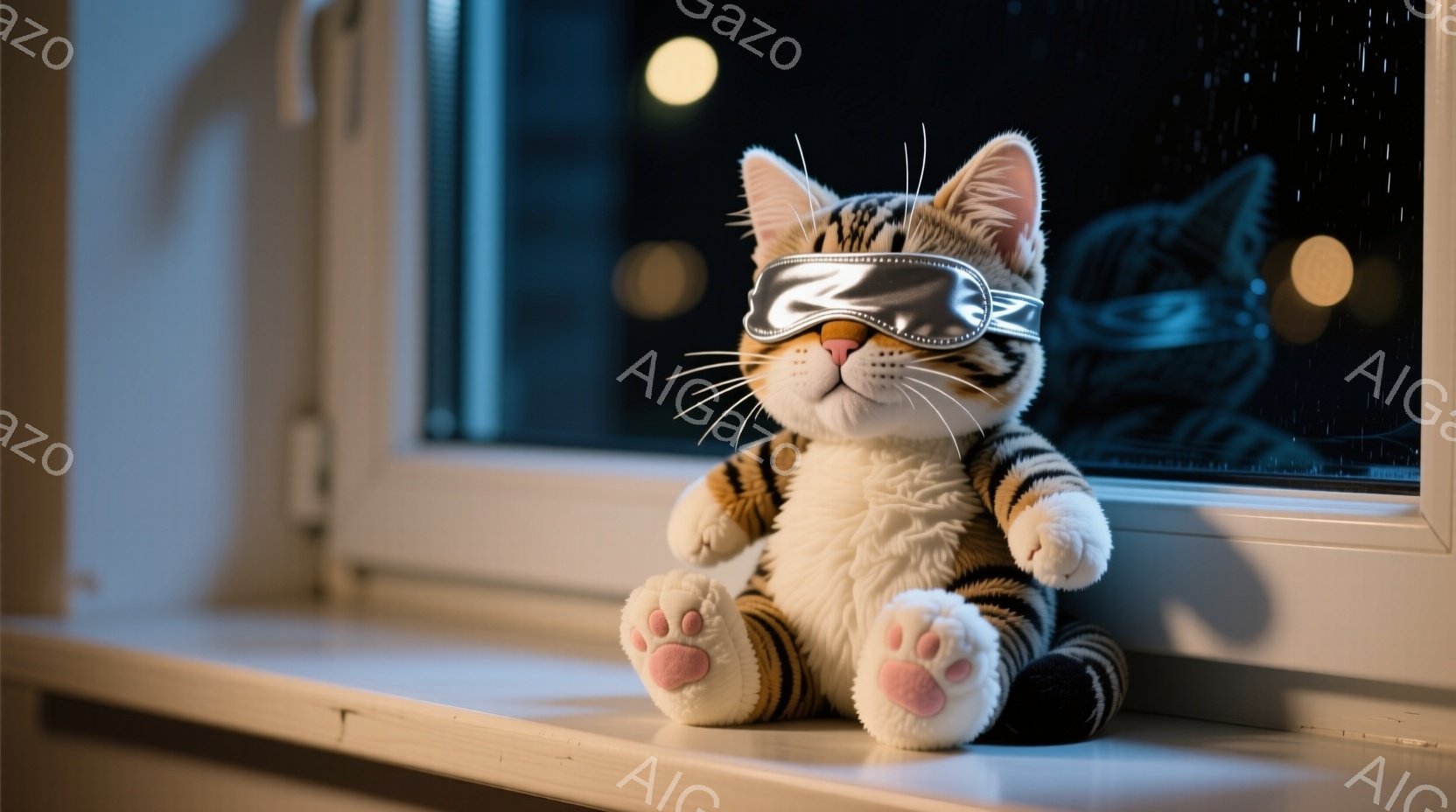 白と茶色の縞模様のぬいぐるみ猫が窓枠に座っており、銀色のアイマスクをかけてリラックスした表情をしています。足先はピンク色で、ふわふわとした毛並みが特徴的です。背景は夜景で、ぼやけた光が雨の降る窓ガラス - AI生成フリー素材