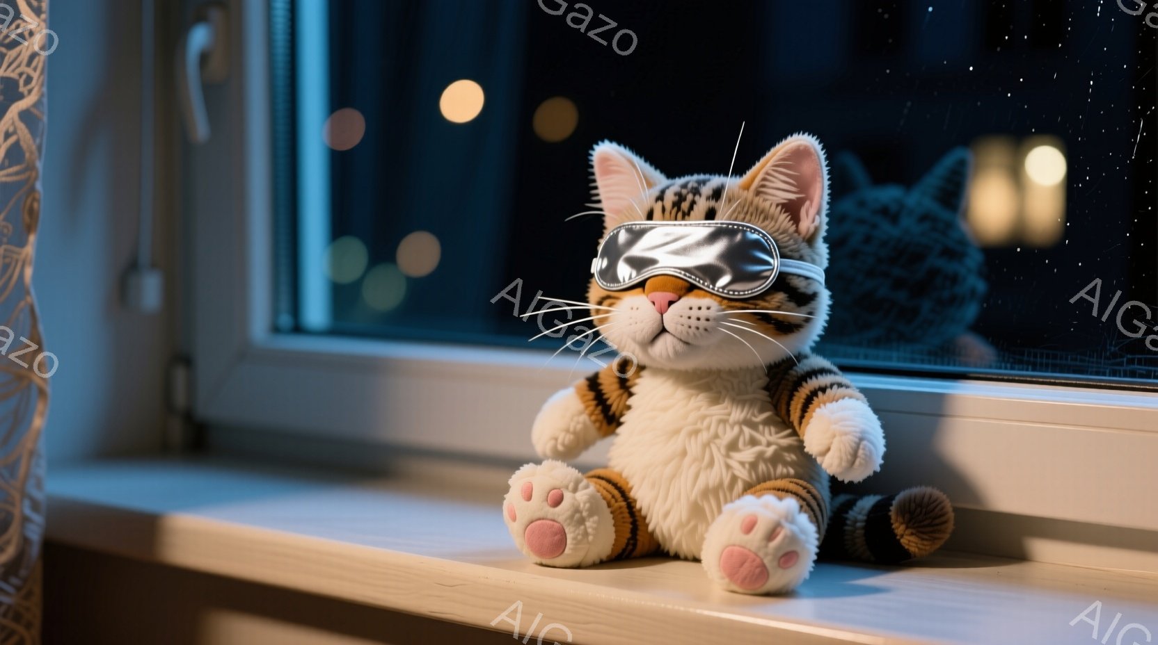 白と茶色の縞模様のぬいぐるみの猫が窓辺に座っており、睡眠マスクをかけてリラックスした表情をしています。窓の外は夜で、ぼやけた街灯と、雨粒のような光の粒子が見られます。部屋全体が穏やかで、静寂に包まれて - AI生成フリー素材