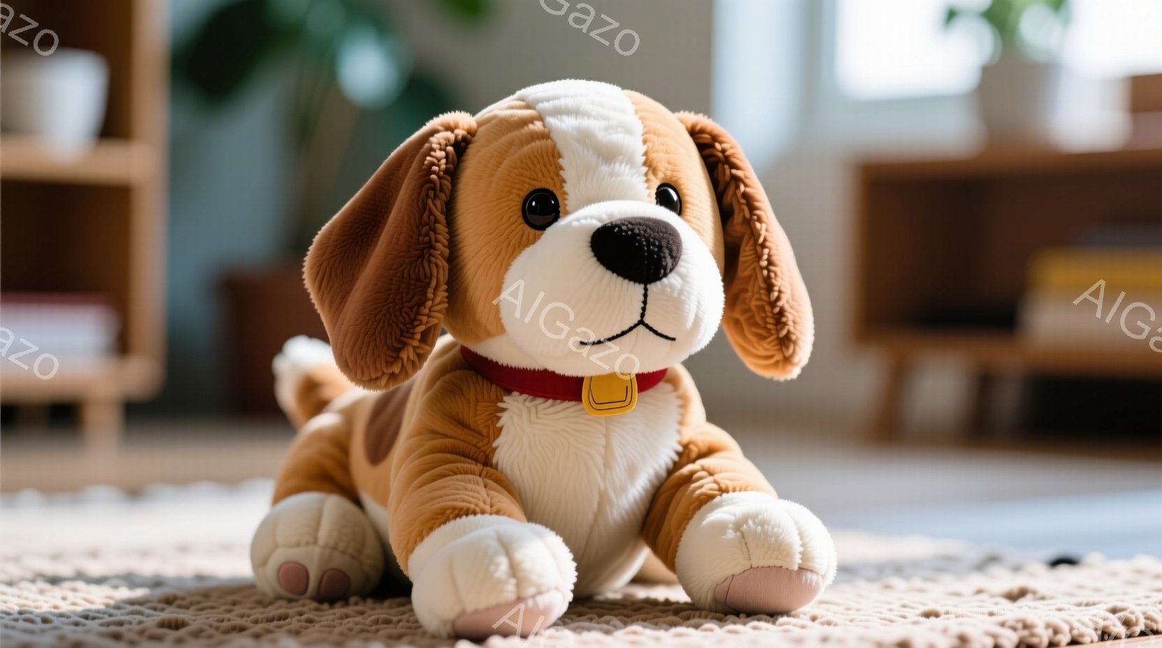 茶色と白の毛並みを持つプーチのようなぬいぐるみ犬が写っています。赤い首輪を付けており、床のカーペットの上でリラックスした姿勢で前足を伸ばして横たわっています。背景にはぼやけた家具が見え、室内で穏やかな雰囲気が漂っています。