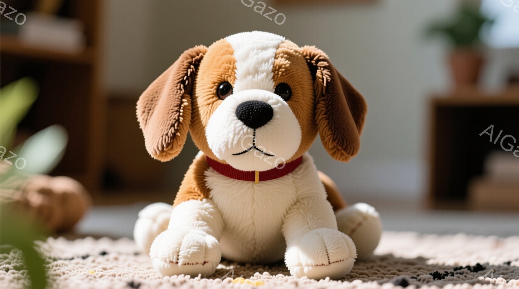 茶色と白の毛並みを持つプードル型のぬいぐるみです。赤い首輪をつけており、穏やかな表情で正面を向いています。背景には、ぼやけた家具や植物が見え、暖かく、居心地の良い雰囲気が漂っています。