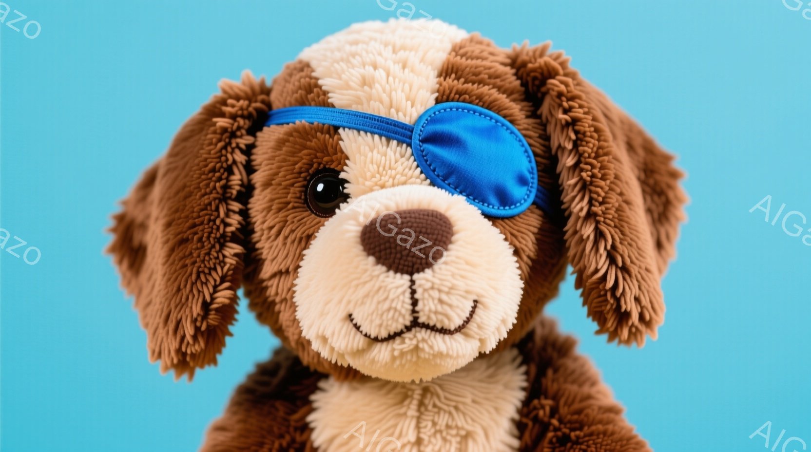 茶色のふわふわとした犬のぬいぐるみは、片目に青い眼帯をつけています。表情は穏やかで、少し微笑んでいるように見え、愛らしい雰囲気を醸し出しています。背景は鮮やかな水色で、ぬいぐるみが際立っています。 - AI生成フリー素材