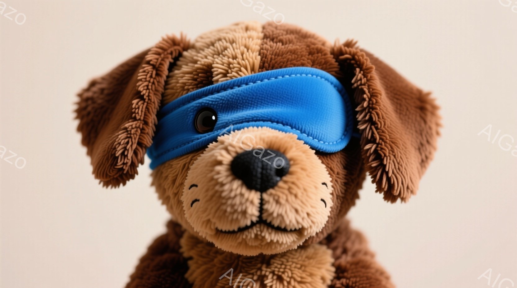 柔らかい茶色の毛並みのテディベアが写っています。青いアイマスクを着用しており、穏やかな表情で、まるで眠っているかのようです。背景は淡いベージュ色で、焦点がベアに当てられています。