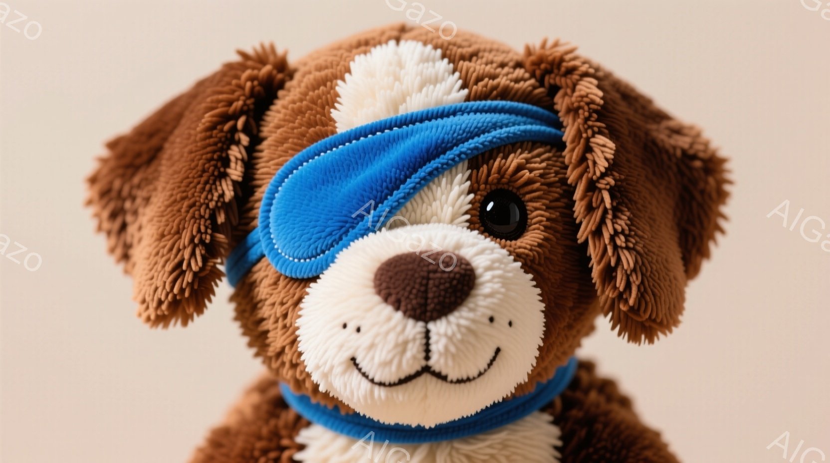 茶色いふわふわの犬のぬいぐるみのおもちゃが写っています。青いヘッドバンドを着用しており、表情は穏やかで可愛らしいです。背景は淡いベージュ色で、焦点はぬいぐるみのおもちゃに当てられています。