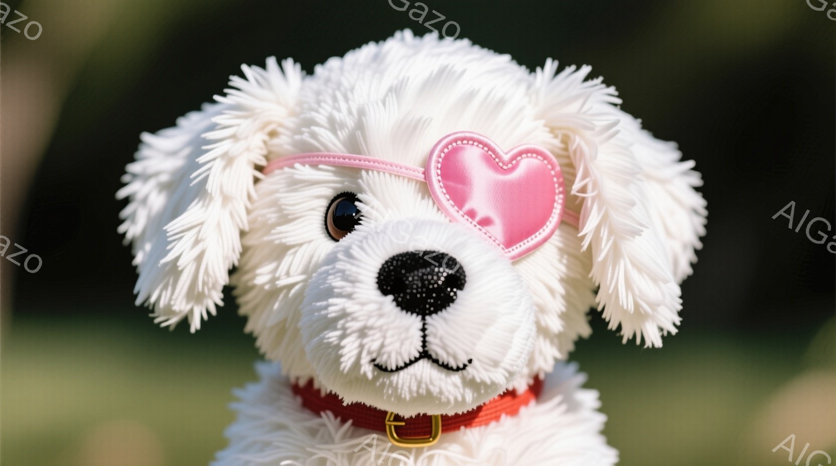 白いもふもふした犬のぬいぐるみのお顔が大きく写っています。ピンク色のハート型のパッチが片目に付いており、赤い首輪をつけています。背景は緑色のぼやけた自然で、全体的に柔らかく可愛らしい雰囲気です。