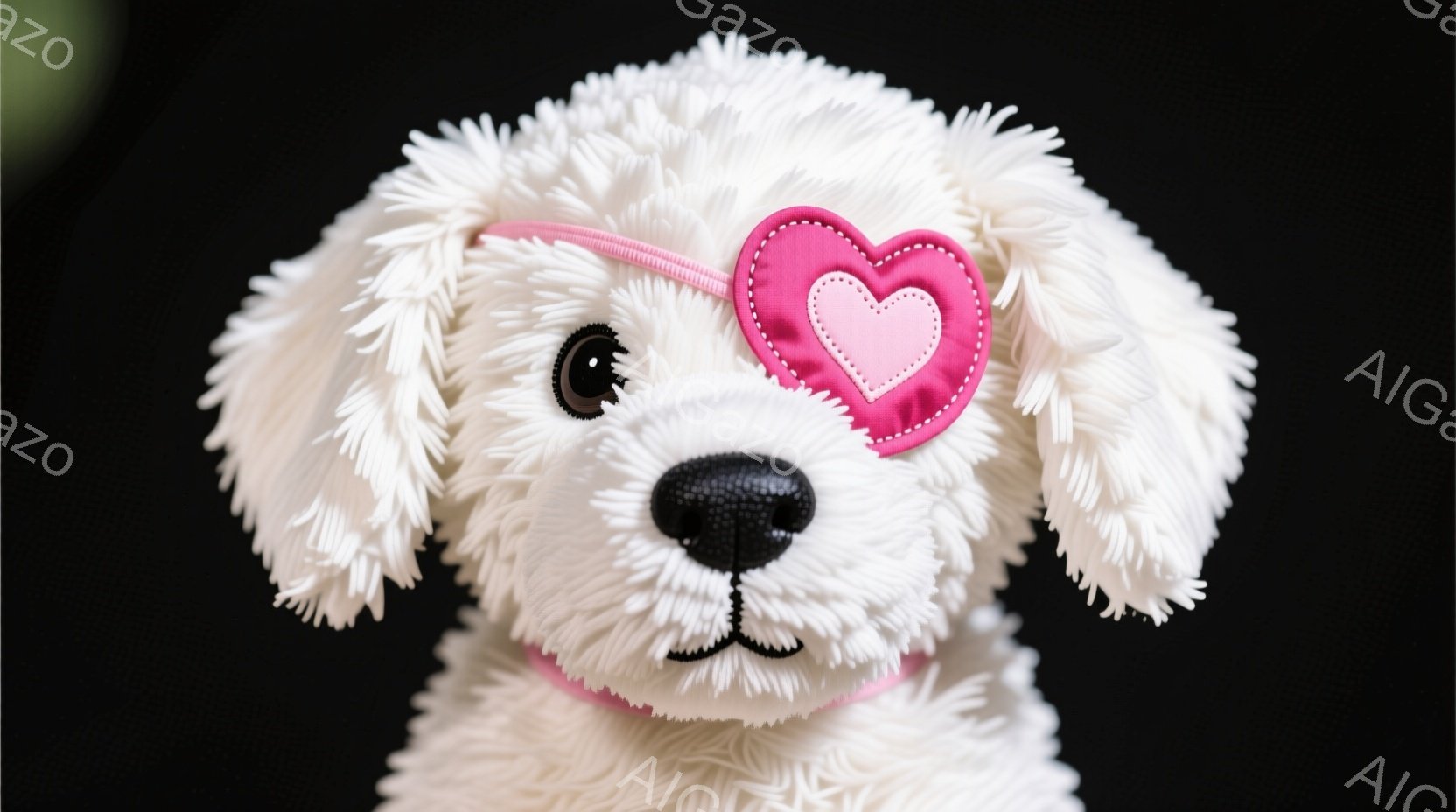 白いふわふわの犬のぬいぐるみのお顔が大きく写っています。ピンク色のハートのモチーフがついたヘッドバンドを着用し、つぶらな瞳と黒い鼻が愛らしい表情を作り出しています。背景は暗く、ぬいぐるみが際立って見えます。