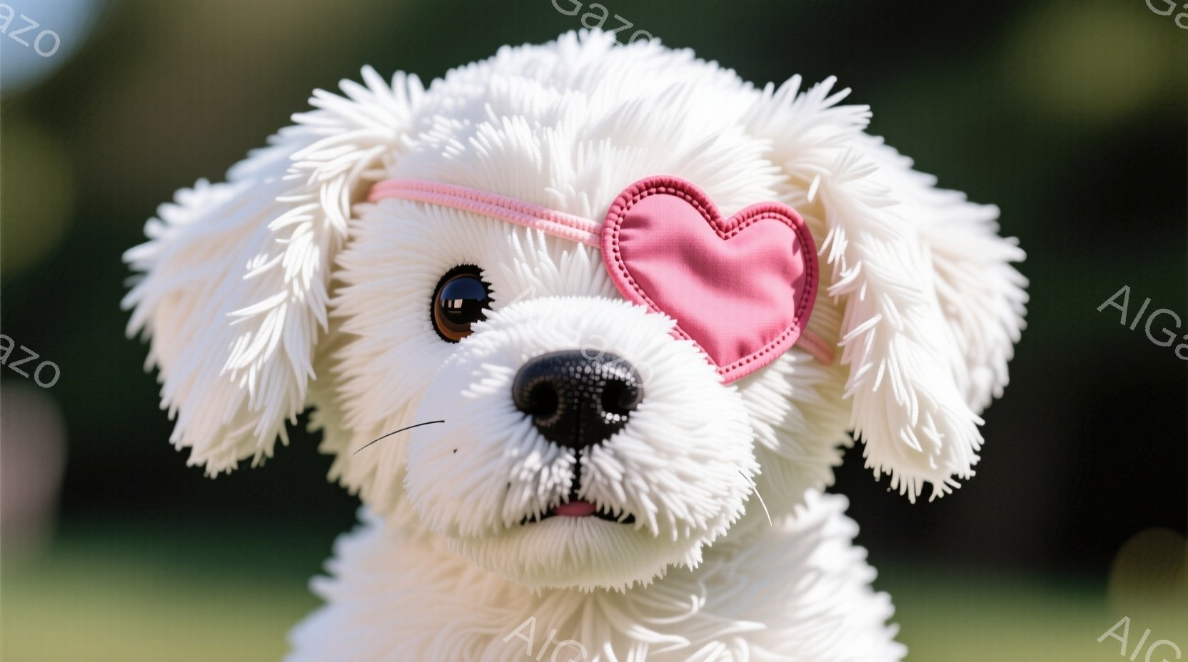 白い毛並みの小さな犬が、ピンク色のハート型のアイパッチをつけて正面を見つめています。毛並みはフワフワとしており、表情は穏やかで可愛らしいです。背景は緑色のぼやけた自然で、柔らかく暖かい雰囲気が漂います。