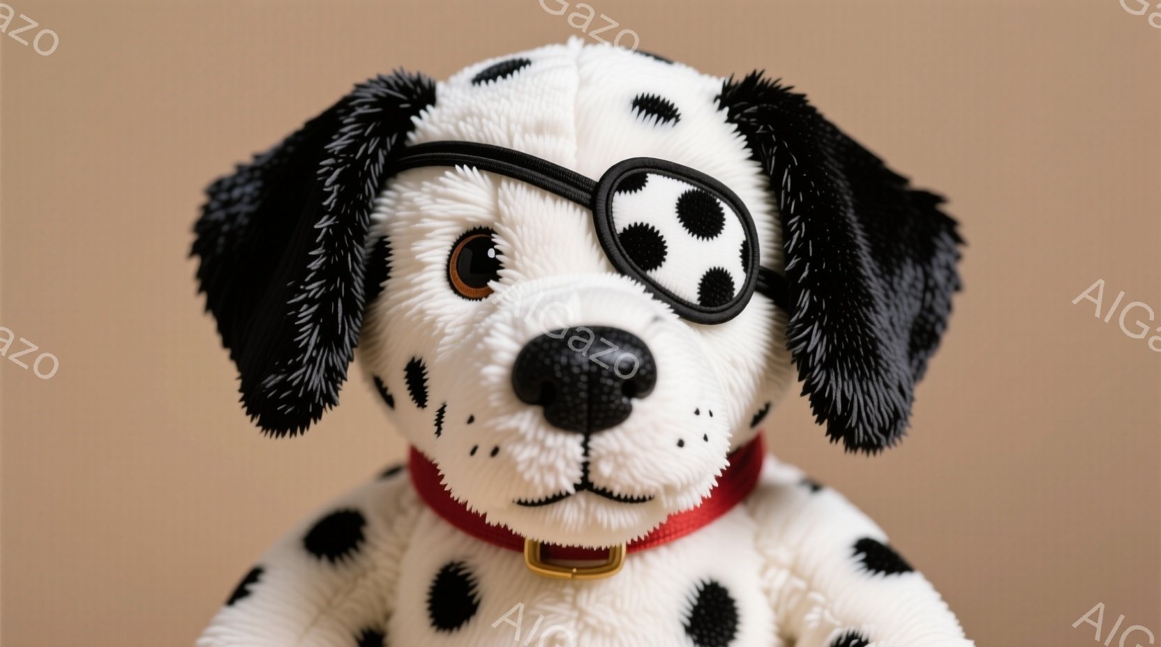 白地に黒い斑点模様のダルメシアン犬のぬいぐるみです。左目に眼帯をしており、赤い首輪をしています。背景は薄い茶色で、全体的に温かく、愛らしい雰囲気です。