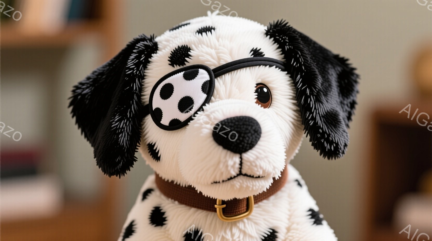 白地に黒い斑点模様のダルメシアンのぬいぐるみのおもちゃが写っています。片目に黒い水玉模様の眼帯をしており、首には茶色の首輪をつけています。背景はぼやけていますが、木製の棚や本などがわずかに見え、屋内であることがわかります。