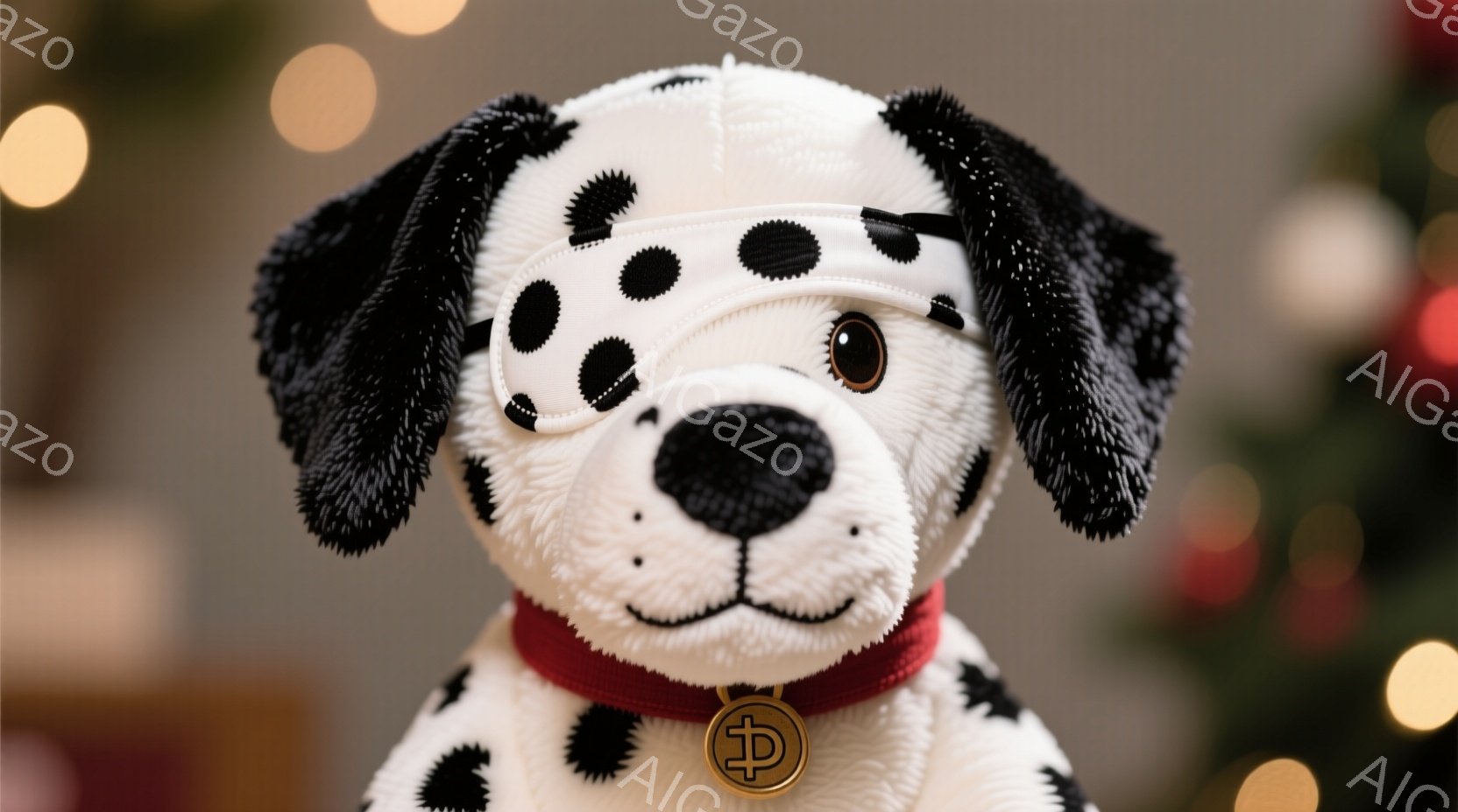白地に黒い斑点模様のぬいぐるみ犬が写っています。赤い首輪と金色のタグがついており、片目に眼帯をつけています。背景にはぼやけたクリスマスツリーの飾りが見え、温かくお祝いの雰囲気です。