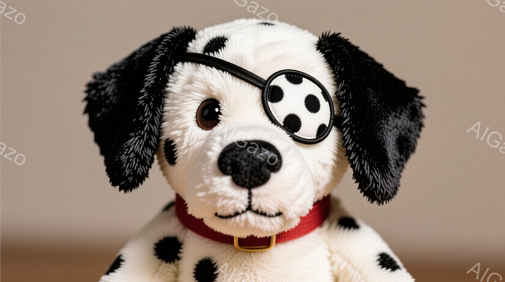 白地に黒い斑点模様のダルメシアンのぬいぐるみです。左目に海賊風の眼帯をつけており、赤い首輪をしています。ふっくらとした顔つきで、愛らしい表情をしています。