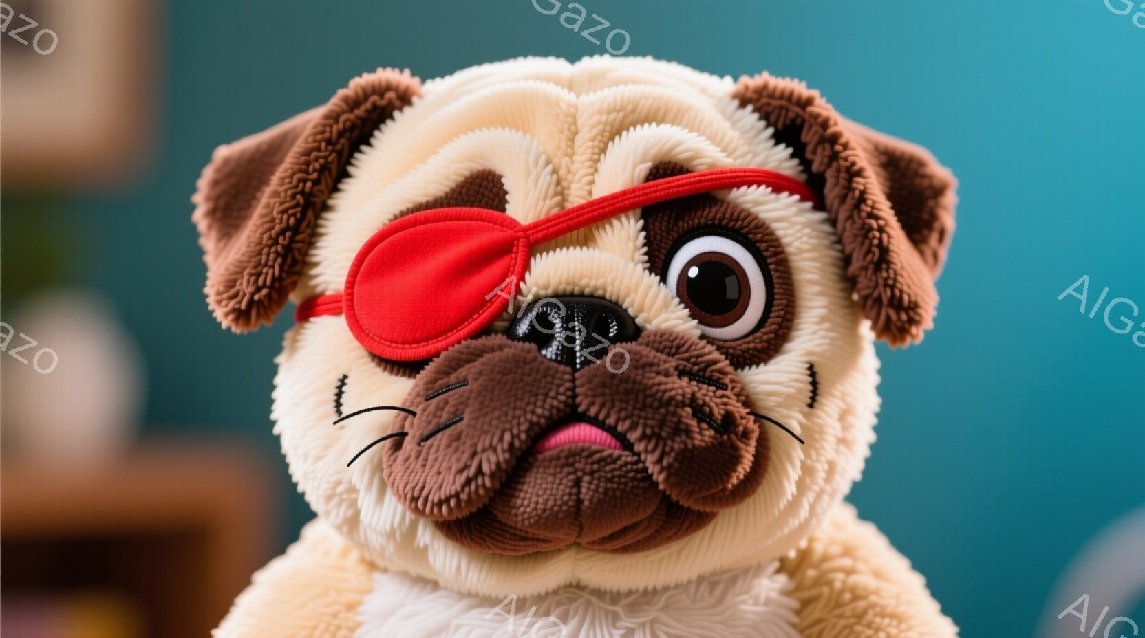 ぬいぐるみパグが正面を向いており、片目に赤い眼帯をつけています。毛並みはふわふわとした淡いベージュ色で、鼻と口は茶色で可愛らしい表情をしています。背景はターコイズブルーで、ぼやけた家具が見え、全体的に温かく親しみやすい雰囲気です。