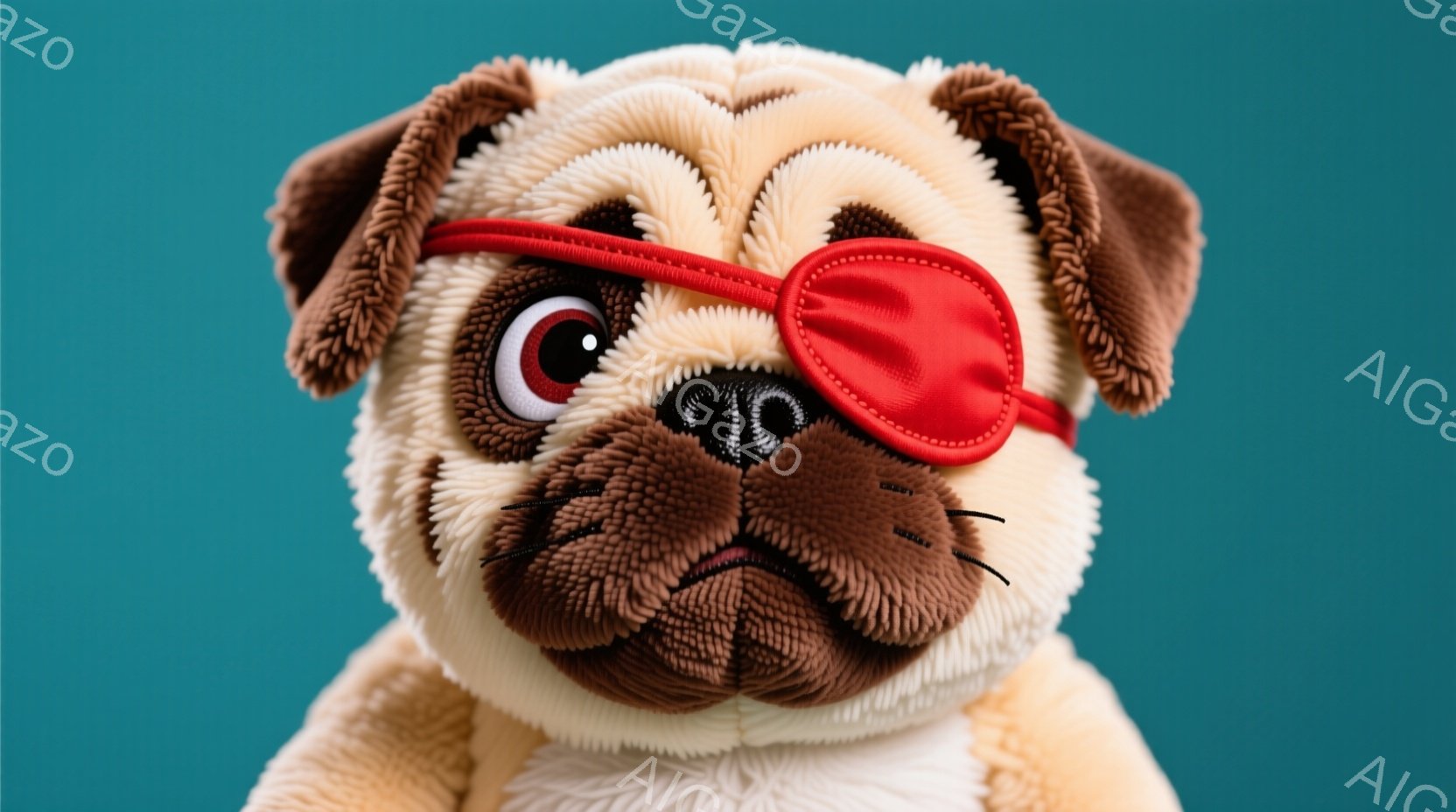 これは、片目に赤い眼帯をした、茶色とベージュの毛並みのプードル犬のぬいぐるみです。表情は少し真剣で、ふっくらとした鼻と口元が特徴的です。背景は鮮やかなターコイズブルーで、ぬいぐるみを引き立てています。