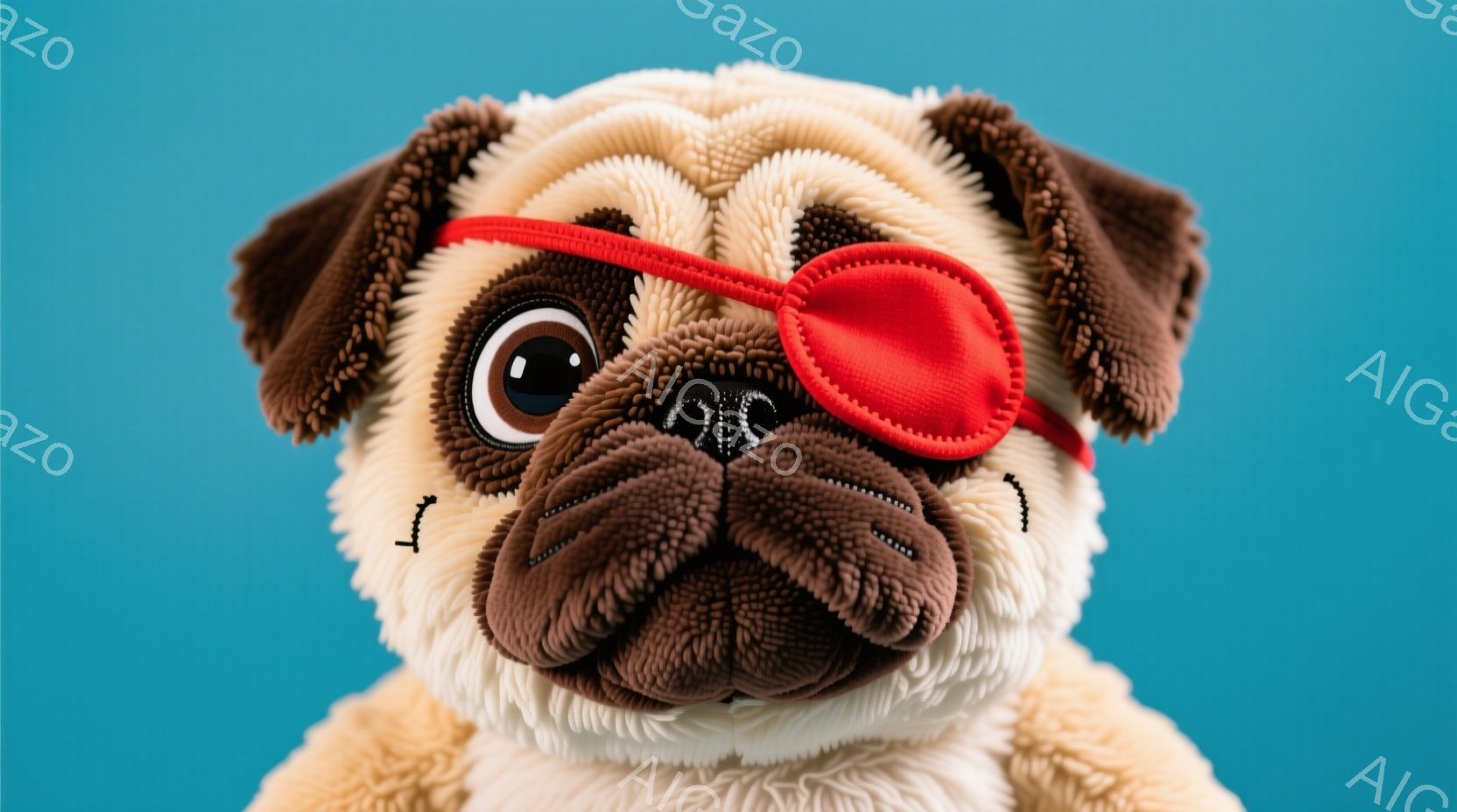これは、片目に赤い眼帯をした、ふわふわの茶色とクリーム色のパグのぬいぐるみです。パグは正面を向き、愛らしい表情をしています。背景は鮮やかなターコイズブルーで、ぬいぐるみが際立っています。