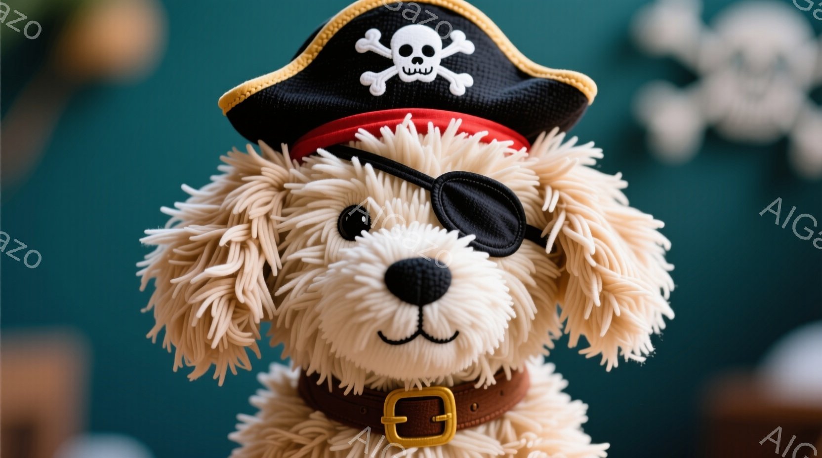 ふわふわのクリーム色の毛並みを持つ犬が、海賊風の衣装を着ています。頭にはドクロマークのついた帽子を被り、片目に眼帯をつけています。背景は濃い緑色で、ぼやけた海賊旗の模様が見え、愛らしくコミカルな雰囲気を醸し出しています。