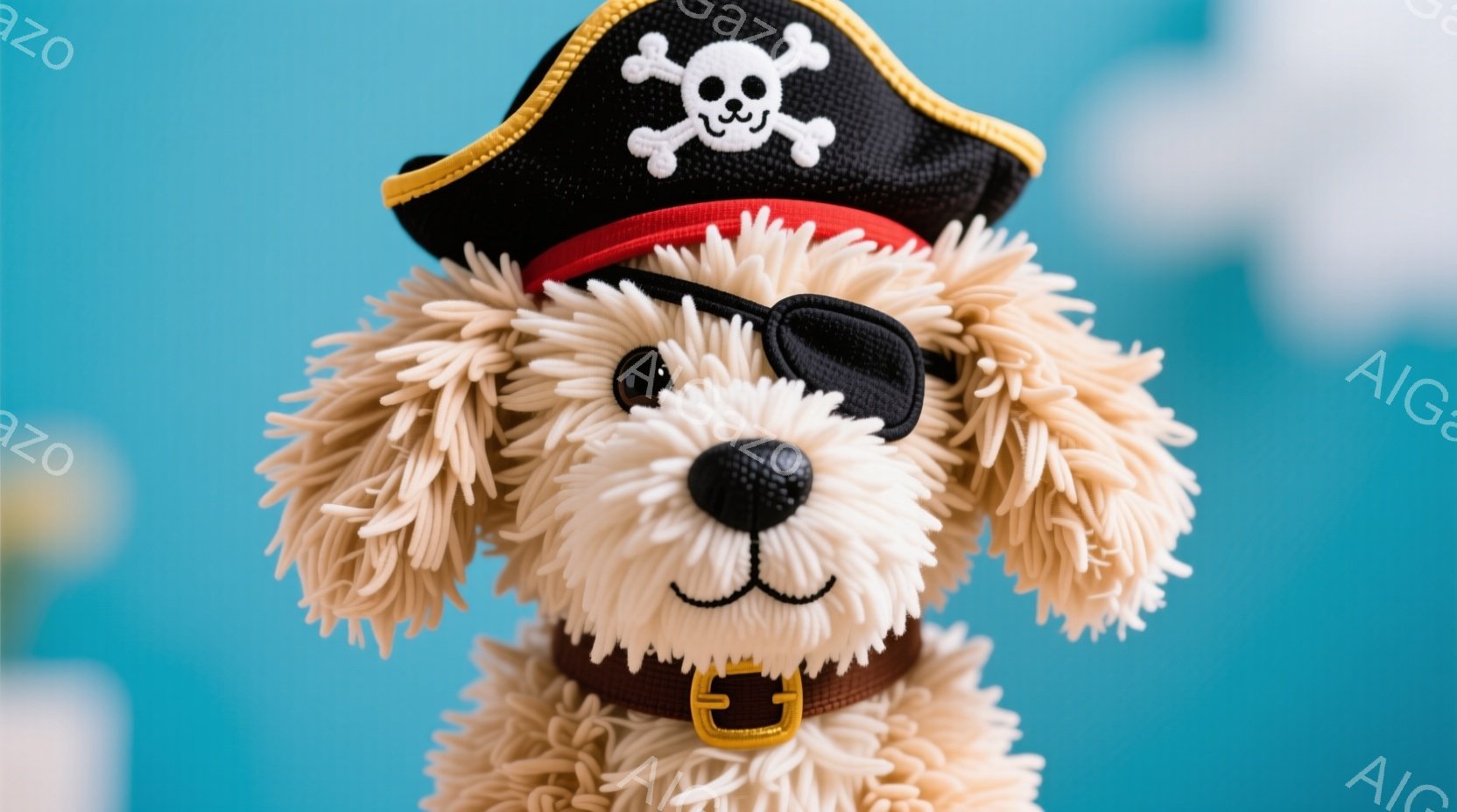 巻き毛の犬が海賊風の衣装を着ています。黒い眼帯と赤いバンダナ、そして金色のバックルが付いた茶色のベルトが特徴的で、頭にはドクロマークのついた海賊帽子を被っています。背景は明るい水色で、ぼやけた黄色の模様があり、全体的に遊び心のある楽しい雰囲気が漂っています。