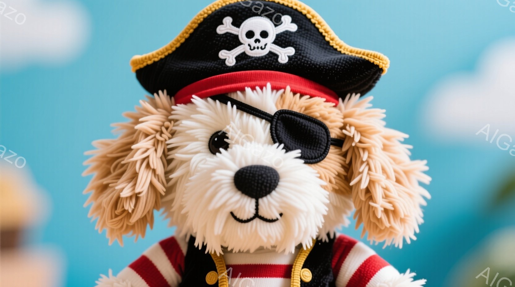 明るい茶色の毛並みを持つ犬のぬいぐるみは、海賊風の衣装を着ています。赤いストライプのシャツに金色のボタンがあしらわれ、黒い鉢巻にはドクロマークが描かれています。背景は水色のグラデーションで、まるで海のような雰囲気です。