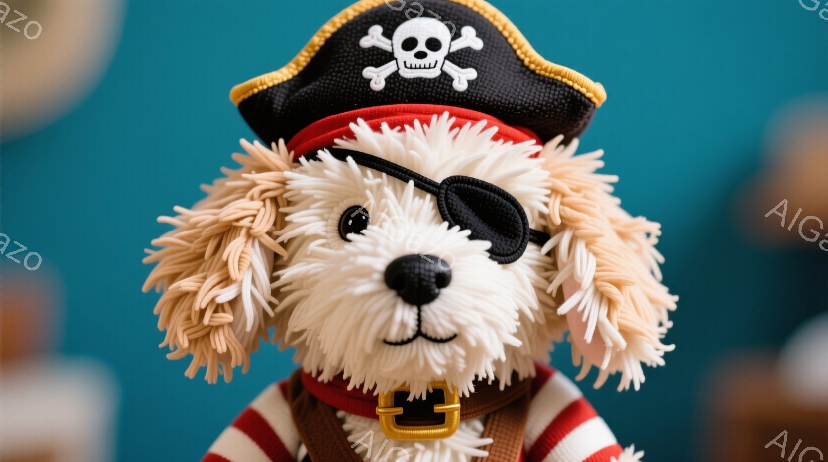 ふわふわのクリーム色の毛並みを持つ犬のぬいぐるみは、海賊風の衣装を着ています。赤いベストに大きな金のバックルがついており、片目に眼帯をつけています。背景は青色で、他のぬいぐるみがぼやけて見え、全体的に陽気で遊び心のある雰囲気を醸し出しています。