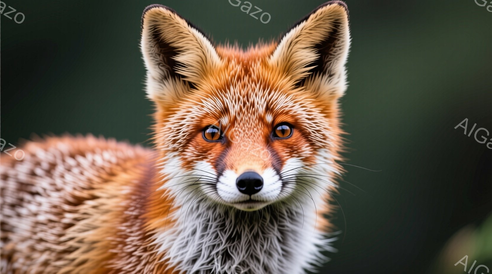 鮮やかな赤褐色の毛並みを持つキツネが、正面をまっすぐ見つめています。毛並みは細かく、濡れているように光沢があり、顔の周りには白い毛が混ざっています。背景は緑色のぼやけた自然で、キツネが際立っており、どこか神秘的で鋭い雰囲気を醸し出しています。