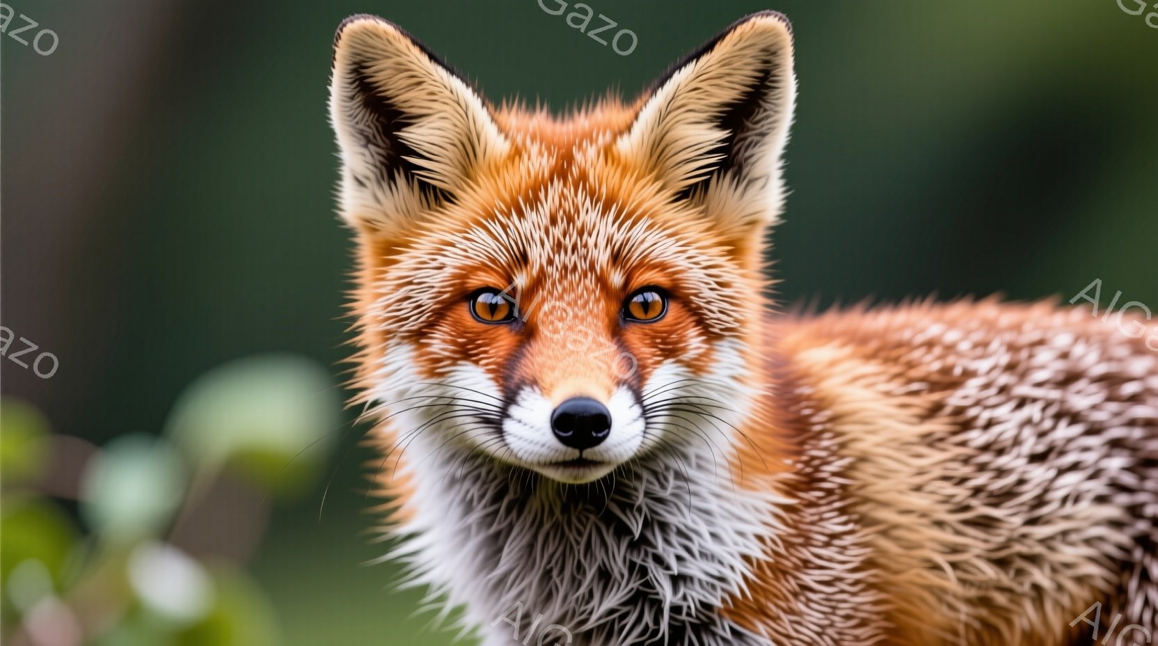 鮮やかな赤褐色の毛並みを持つキツネが、カメラの正面をまっすぐ見つめている。毛並みは湿っていて、まるで雨上がりのように光沢がある。背景は緑色の植物でぼやけており、キツネが際立って見える。