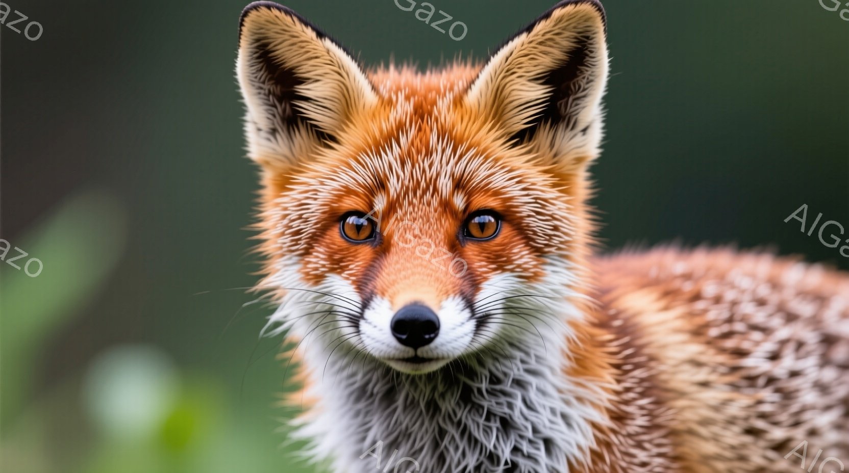 明るいオレンジ色の毛並みが特徴的なキツネが、カメラの方を正面から見つめています。鋭い眼光と引き締まった表情からは、野生の力強さが感じられます。背景は緑色の植物でぼやけており、キツネが自然の中で生きる姿を強調しています。