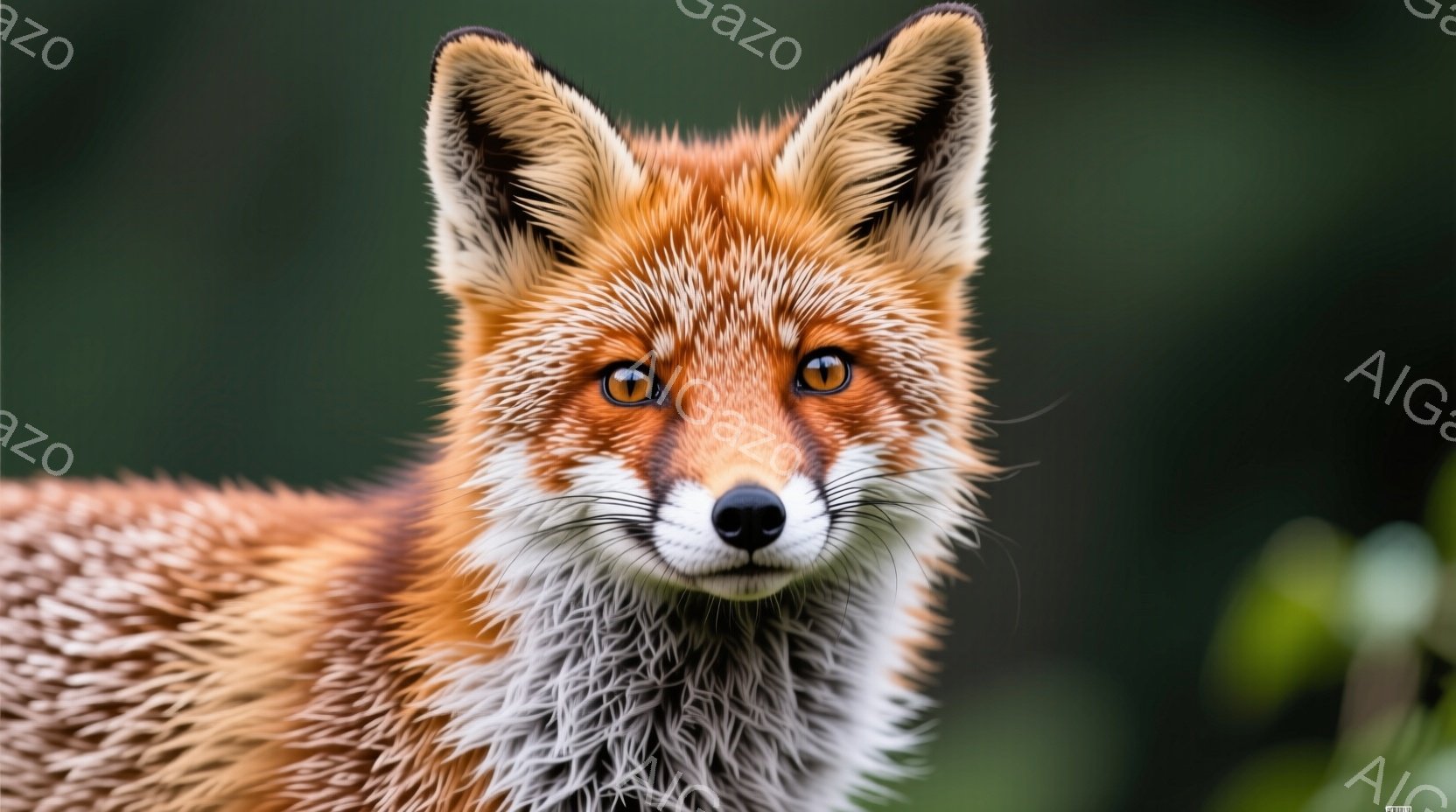 赤褐色の毛並みが美しいキツネが、正面を見つめている。毛並みは胸元にかけて白っぽく、まるで毛皮のベストを着ているかのようだ。背景は緑色の葉っぱでぼやけており、キツネが自然の中にいることを示唆している。