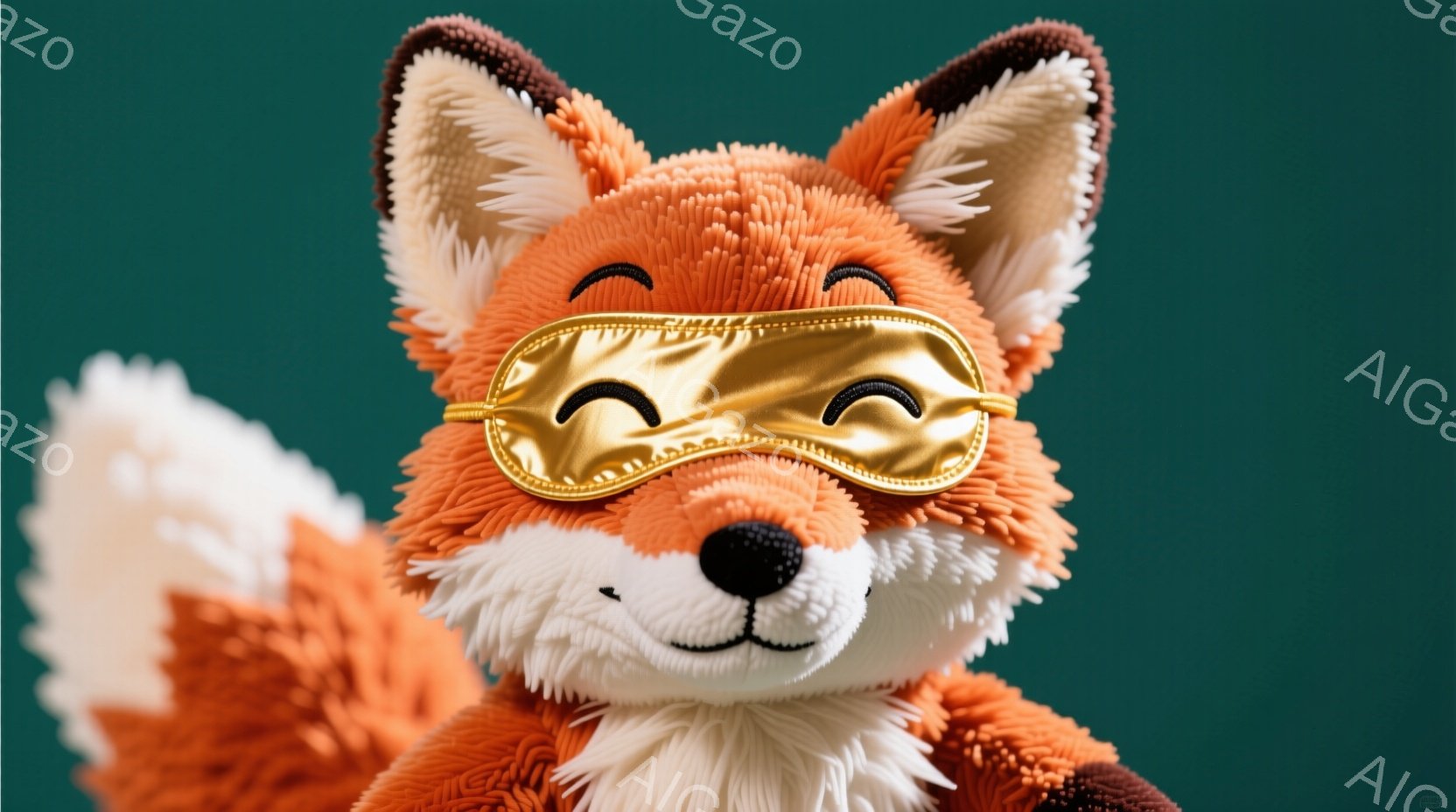 明るいオレンジ色の毛並みを持つキツネのぬいぐるみです。目は閉じられ、金色のアイマスクを着用しており、リラックスした表情をしています。背景は深い緑色で、ぬいぐるみが際立っています。