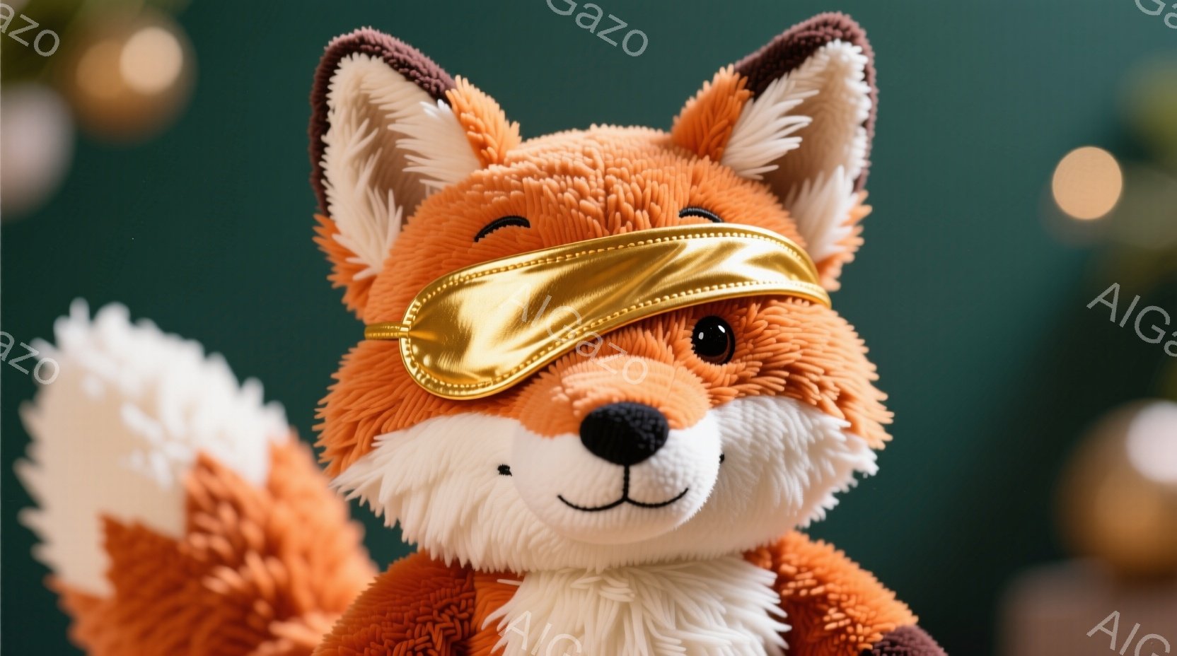 鮮やかなオレンジ色の毛並みを持つぬいぐるみのアレキツネが、金色のアイマスクをかけて正面を見つめています。ふさふさとした尾は白とオレンジのグラデーションで、可愛らしい表情が印象的です。背景は濃い緑色で、 - AI生成フリー素材
