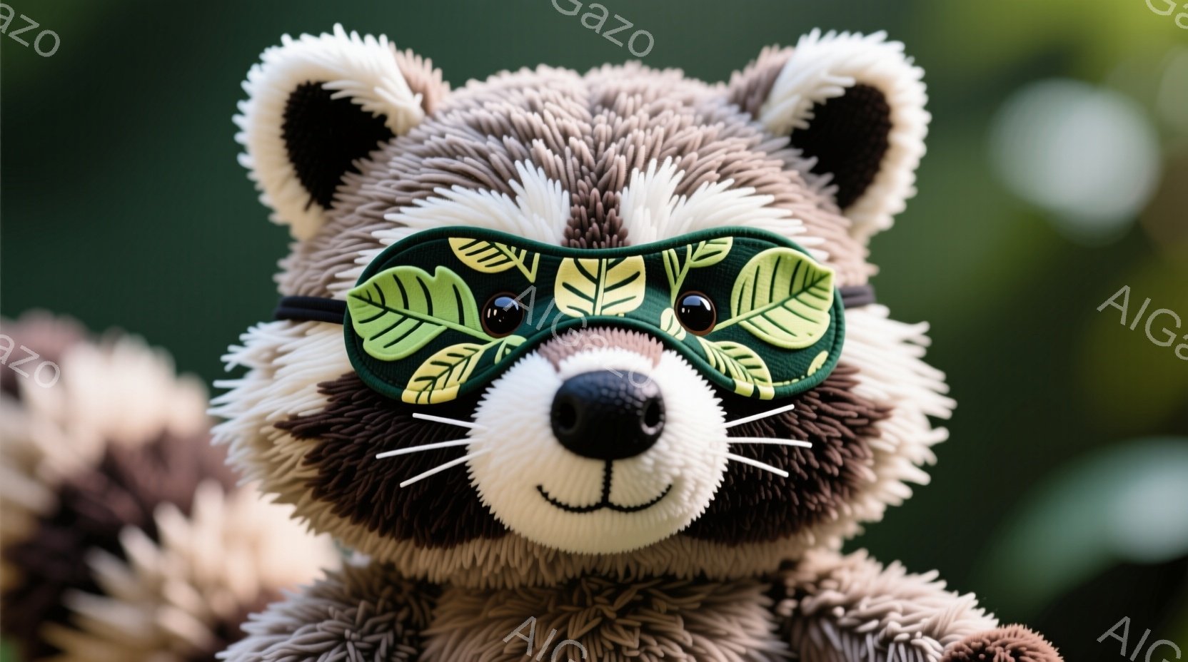 これは、アライグマのぬいぐるみがアップで写された画像です。アライグマは葉っぱ柄のアイマスクを着用しており、少しいたずらっぽい表情をしています。背景は緑色のぼやけた自然で、柔らかく親しみやすい雰囲気を醸し出しています。