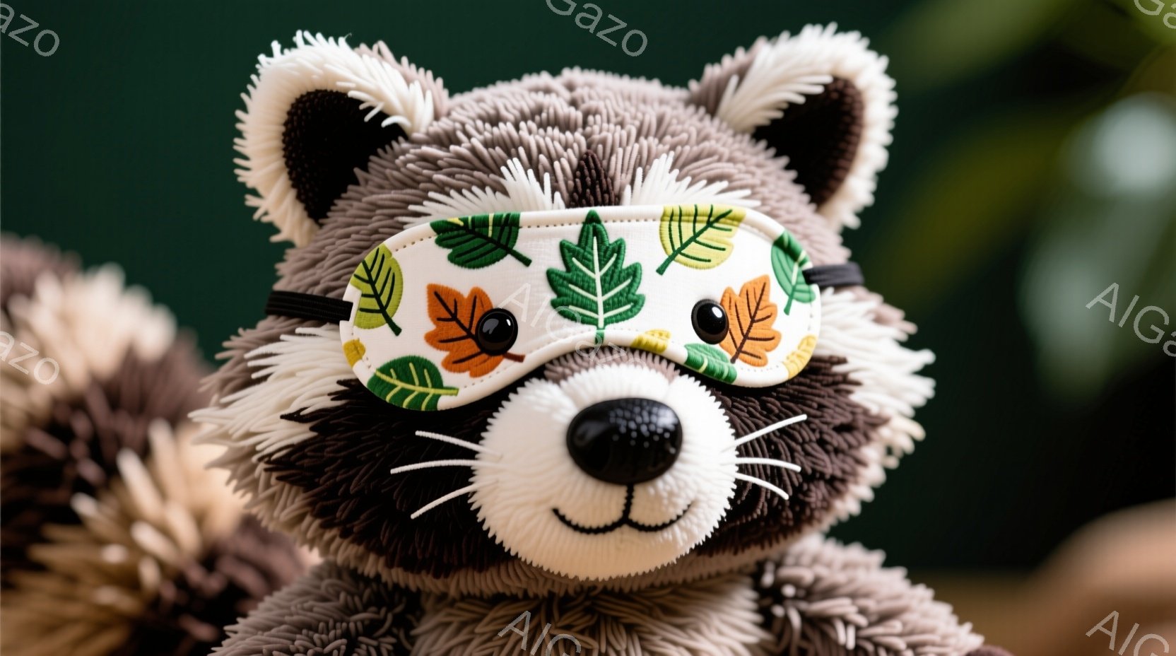 ふわふわの毛並みを持つアライグマのぬいぐるみです。目の上には、紅葉や落ち葉がプリントされたアイマスクがかけられています。背景は深い緑色で、ぬいぐるみは中央に配置され、可愛らしい雰囲気を醸し出しています。