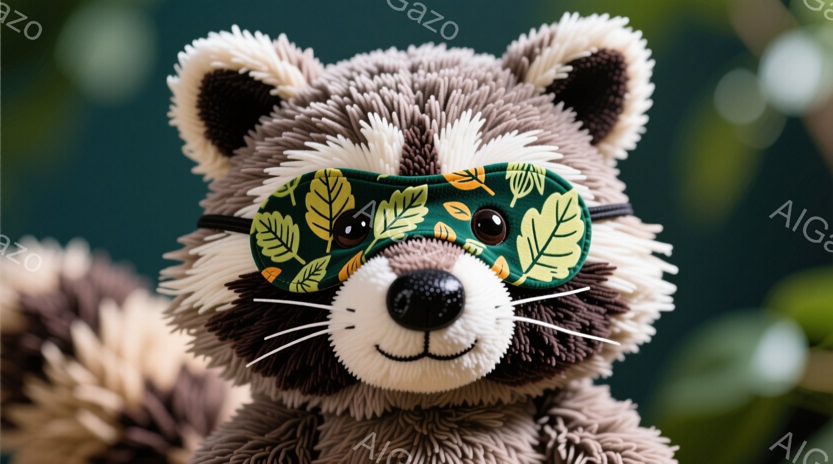 ふわふわの茶色の毛並みを持つアライグマのぬいぐるみです。緑と黄色の葉っぱ柄のアイマスクを着用しており、少しいたずらっぽい表情をしています。背景はぼやけた緑色で、自然の中にあることを示唆しています。