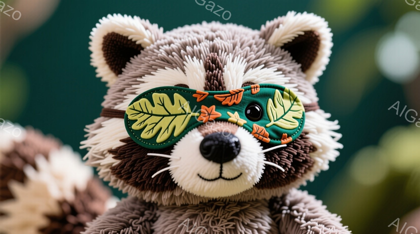 ふわふわの茶色いアライグマのぬいぐるみは、鮮やかな緑色の葉とオレンジ色の葉っぱがデザインされたアイマスクをかけています。愛らしい表情で、ぬいぐるみは正面を見つめており、全体的に柔らかく温かい雰囲気です。背景は緑色のぼやけた自然で、ぬいぐるみの可愛らしさを引き立てています。