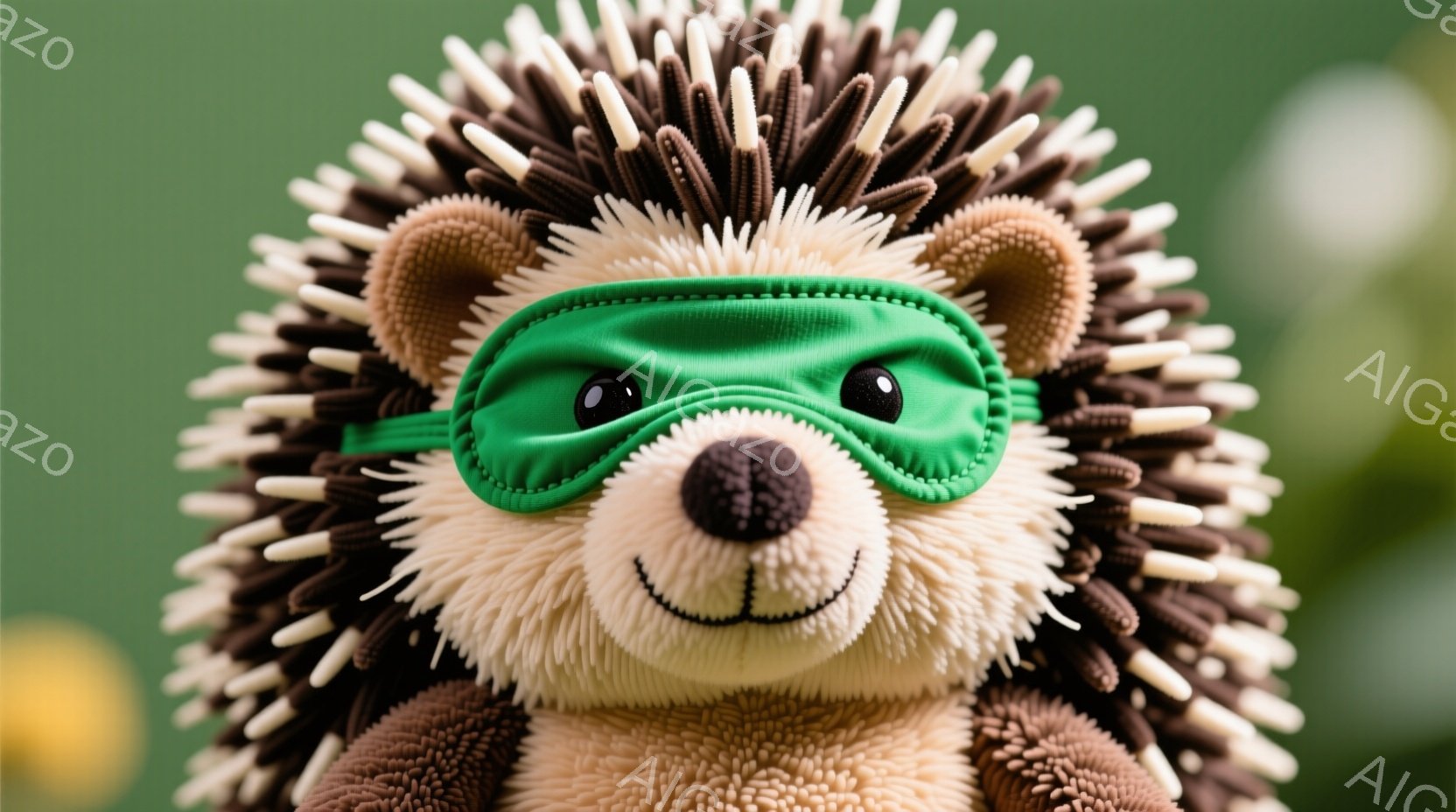 ふわふわの茶色のハリネズミのぬいぐるみのおもちゃが写っています。緑色のアイマスクをつけており、つぶらな瞳と微笑みが可愛らしい表情をしています。背景は緑色の植物で、春や夏の穏やかな自然を感じさせます。