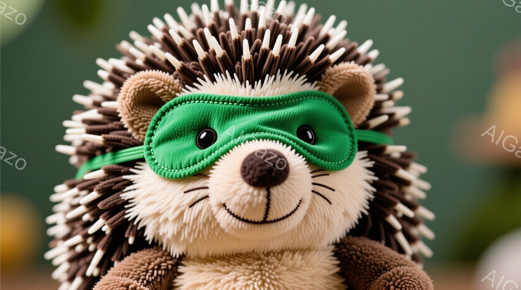 緑色のアイマスクを着用した愛らしいハリネズミのぬいぐるみです。ふわふわのベージュ色の毛並みと、背中に生えた尖った棘が特徴的で、笑顔が可愛らしい表情をしています。背景はぼやけていますが、緑色の何かが写っており、ぬいぐるみは正面を見つめています。