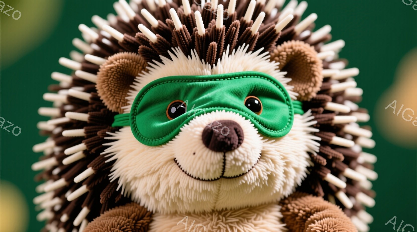 これはふわふわの茶色のハリネズミのぬいぐるみで、緑色のアイマスクをかけています。愛らしい表情で、口元は微笑んでおり、丸い黒い目が特徴的です。背景は鮮やかな緑色で、柔らかく親しみやすい雰囲気を醸し出しています。
