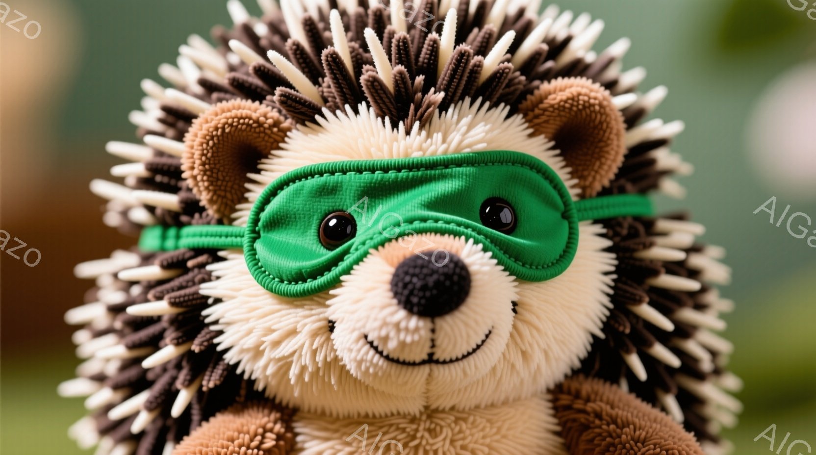 これはふわふわの茶色いハリネズミのぬいぐるみで、鮮やかな緑色のゴーグルをかけています。愛らしい表情で、小さな鼻と口が微笑みを表現しており、丸い体はふわふわとした針で覆われています。背景はぼやけた緑色で、ぬいぐるみとコントラストがつき、親しみやすい雰囲気を醸し出しています。