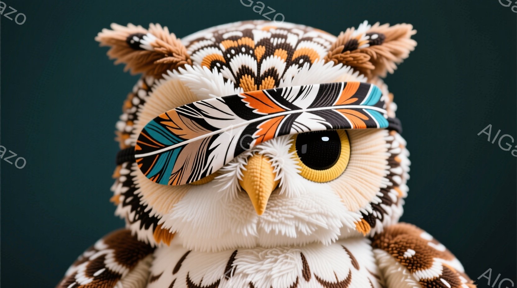 明るいターコイズブルーの背景に、大きなフクロウが正面を向いています。フクロウは白と茶色の複雑な模様の羽毛で覆われ、片方の目に鮮やかなオレンジ、青、黒の羽の装飾が付けられています。全体的に、遊び心があり、魅力的で、少し奇抜な雰囲気です。