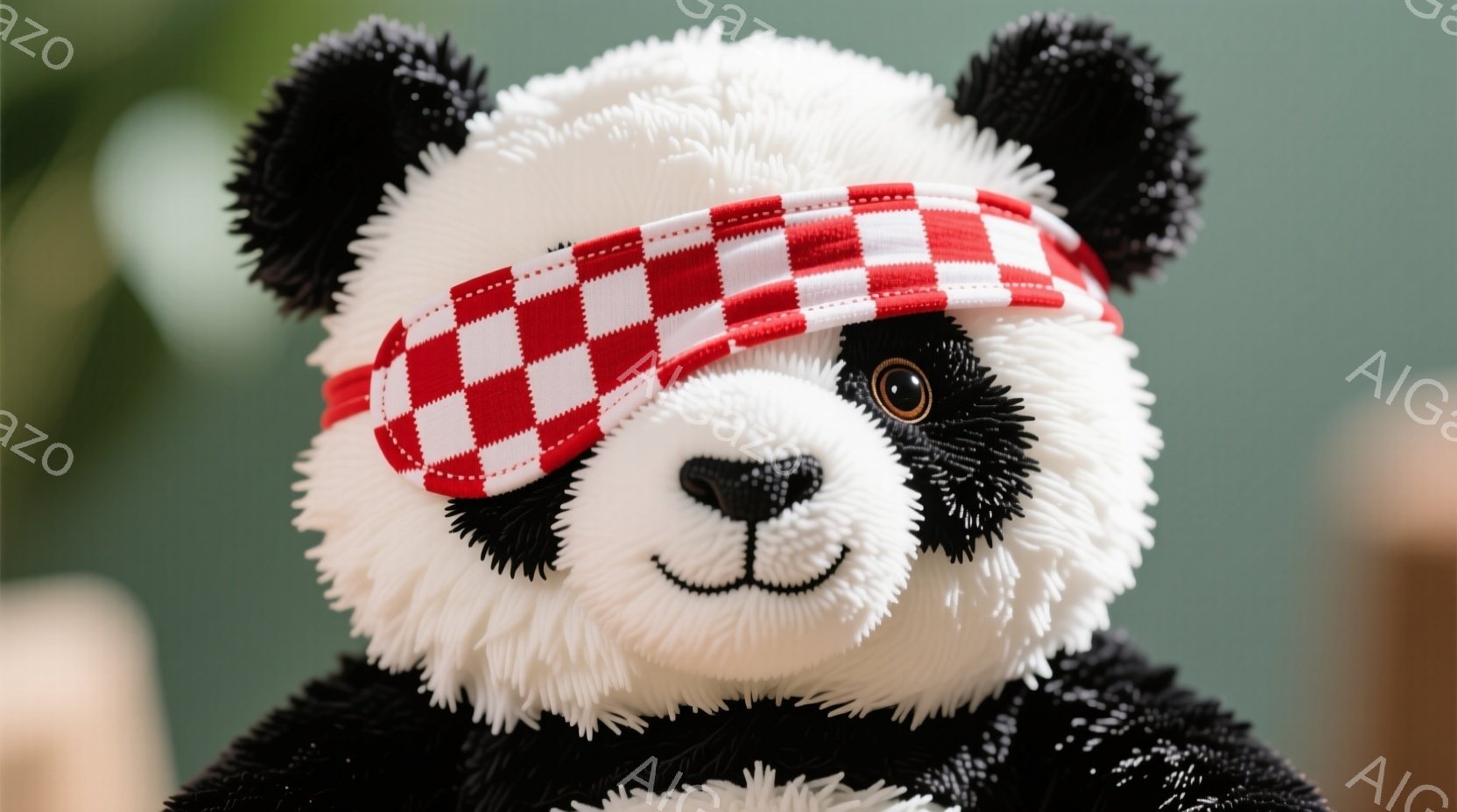黒と白のパンダのぬいぐるみがこちらを向いており、赤いチェック柄のヘアバンドをつけています。パンダはふっくらとした体型で、つぶらな瞳とほのかな笑顔が特徴です。背景はぼやけた緑色で、全体的に温かく可愛らし - AI生成フリー素材