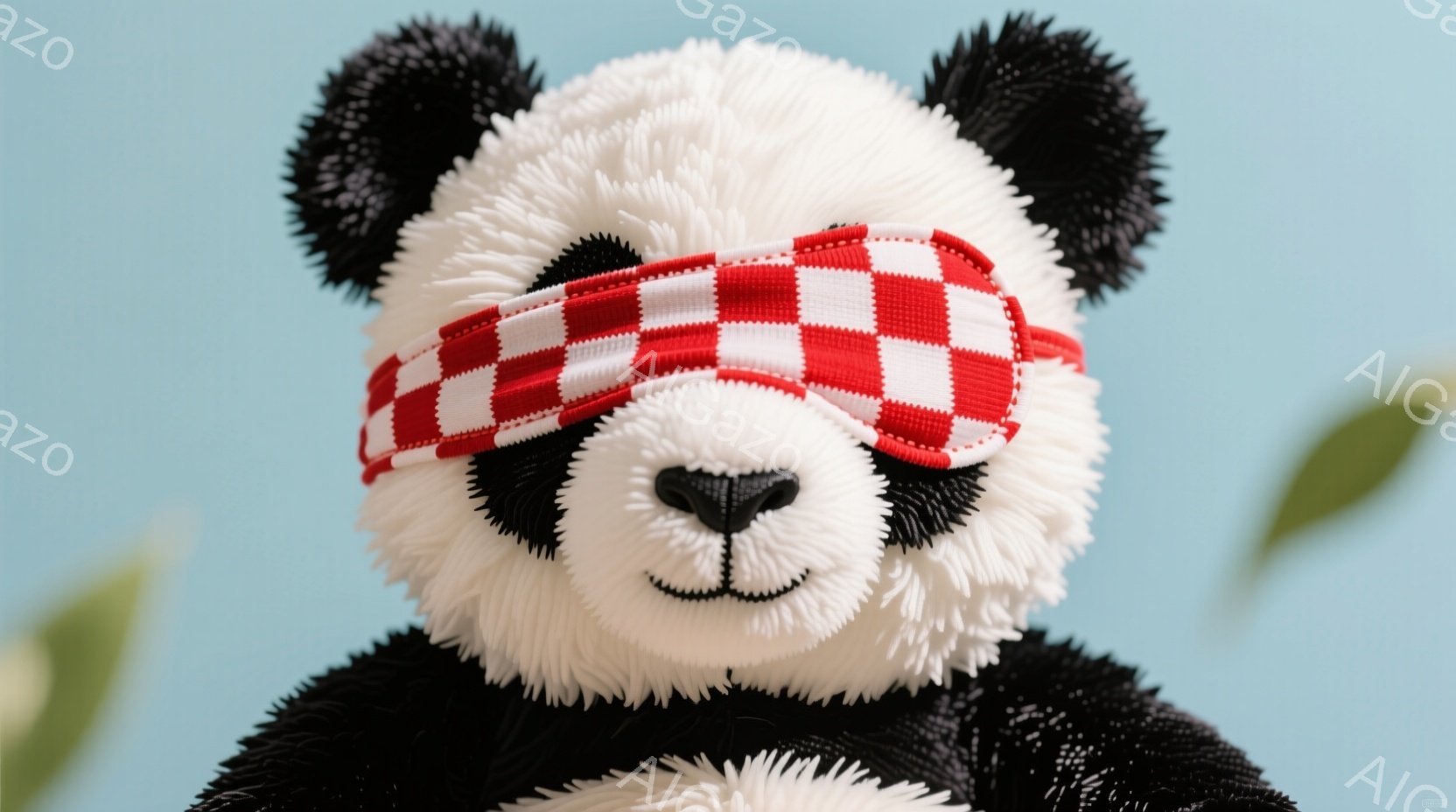 白と黒のパンダのぬいぐるみは、赤いチェック柄のヘアバンドを巻いています。ぬいぐるみは正面を見据え、穏やかな表情をしています。背景は明るい水色で、左側に緑の葉が見え、全体的に優しい雰囲気です。