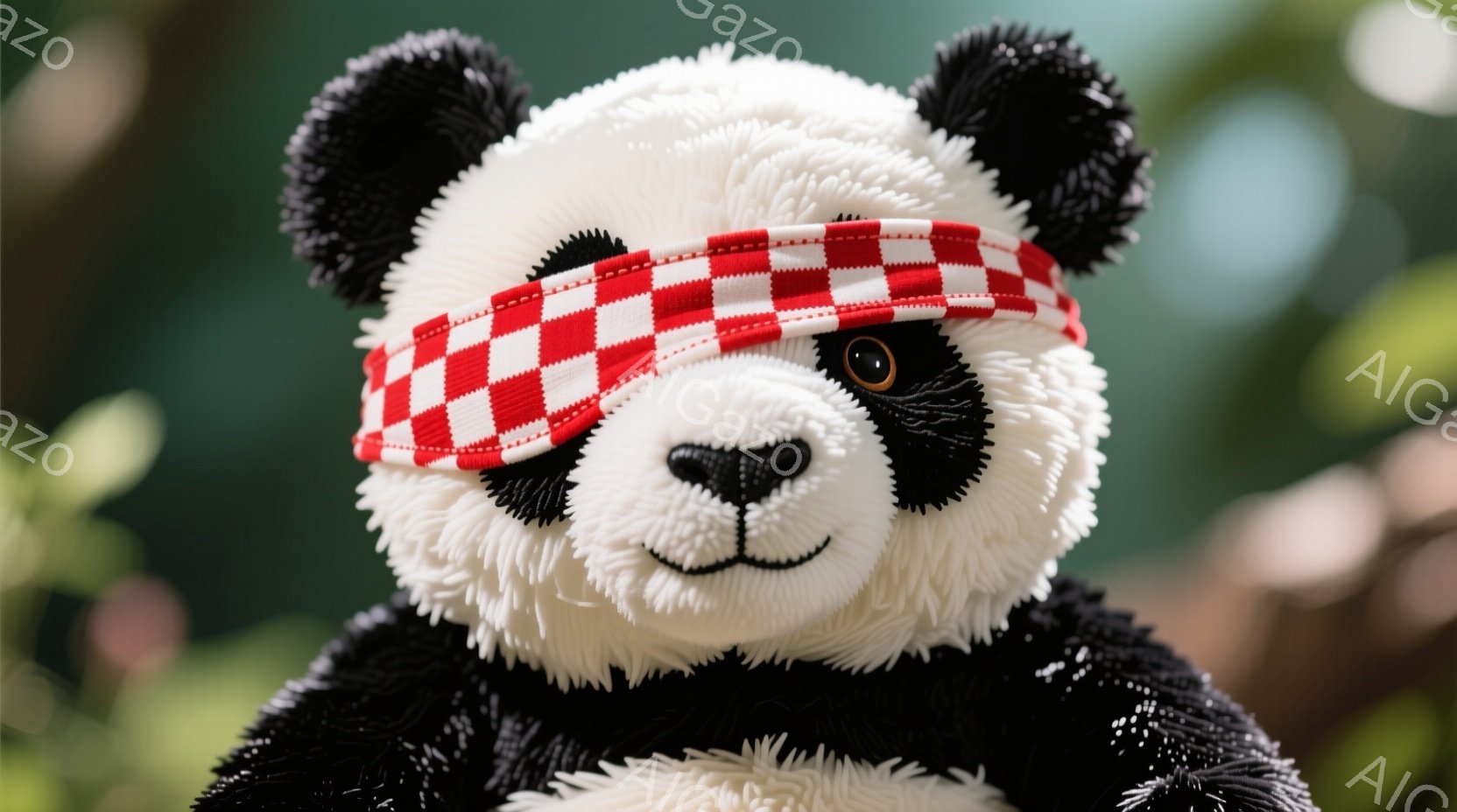 白地に赤いチェック柄の鉢巻きを巻いたパンダの顔のアップです。つぶらな瞳と、控えめな笑顔が愛らしい印象を与えます。背景は緑色のぼやけた自然で、パンダが柔らかな光に包まれているように見えます。