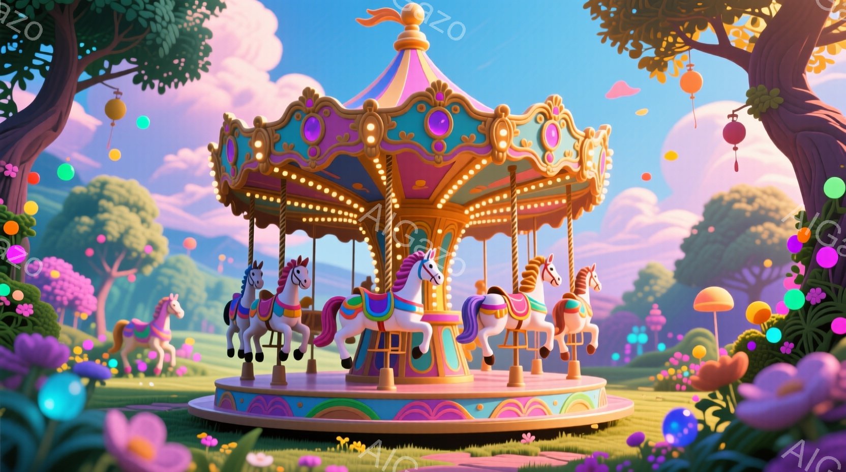 美しいメリーゴーラウンドが緑豊かな草原に浮かび上がっています。乗り物は、鮮やかな色彩で彩られた白馬で飾られ、それぞれが優雅なポーズをとっています。背景には、ピンクがかった雲と、様々な形のカラフルなキノコが生い茂るファンタジーのような風景が広がっており、全体的に夢のような雰囲気を醸し出しています。