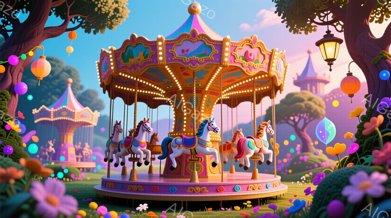 美しい観覧車が緑豊かな公園の中にあります。観覧車は鮮やかな色彩で装飾され、白、青、ピンクの馬が乗り物として並んでいます。背景には、おとぎ話のような建物と、夕焼けのような柔らかなピンク色の空が広がっており、夢のような雰囲気を醸し出しています。
