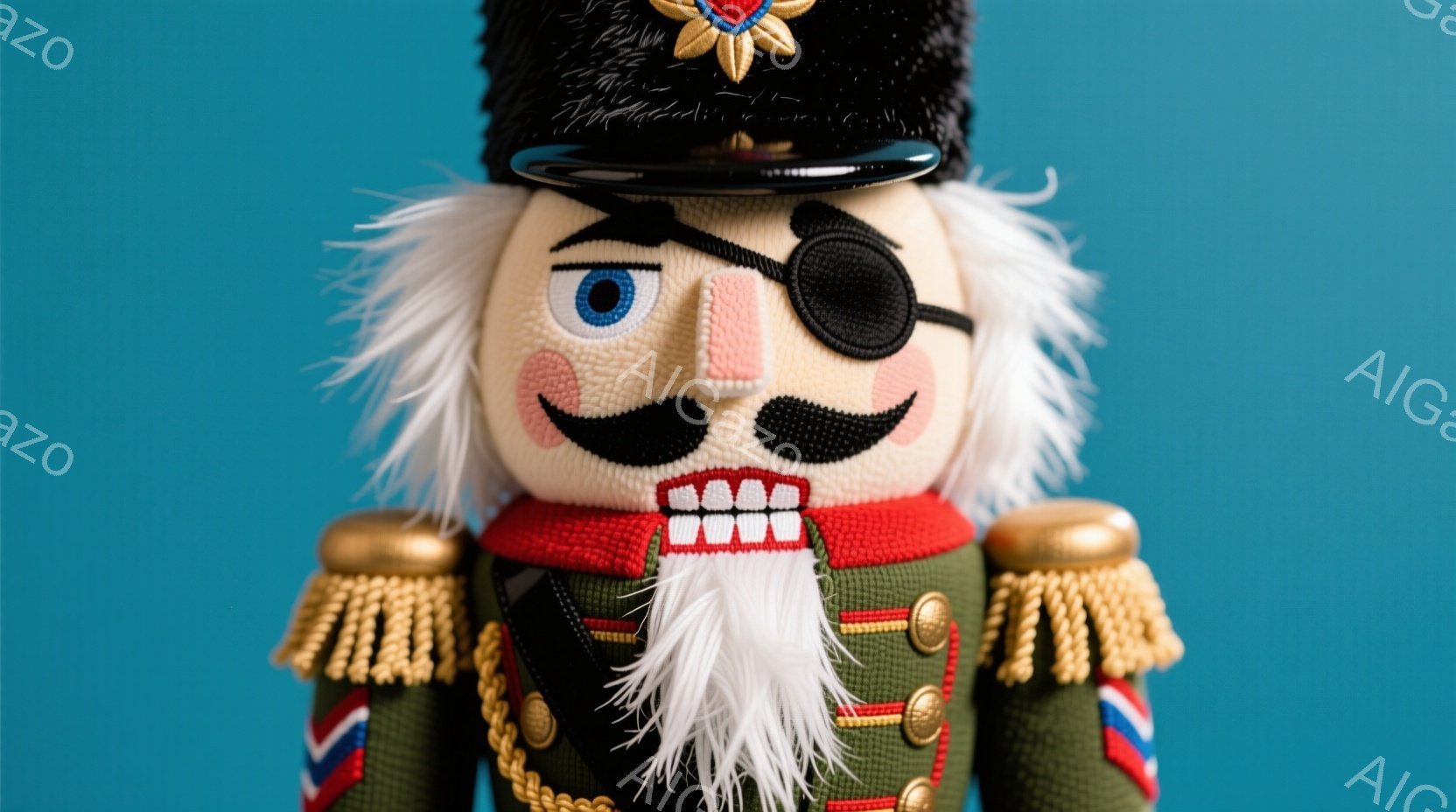 片目を眼帯で覆ったくるみ割り人形の胸より上の部分を捉えています。人形は緑色の軍服を身に着け、赤い装飾が施された襟と金色の肩当てが付いています。白い顎髭と黒い口髭が特徴的で、全体的に威厳があり、どこかユーモラスな雰囲気を醸し出しています。