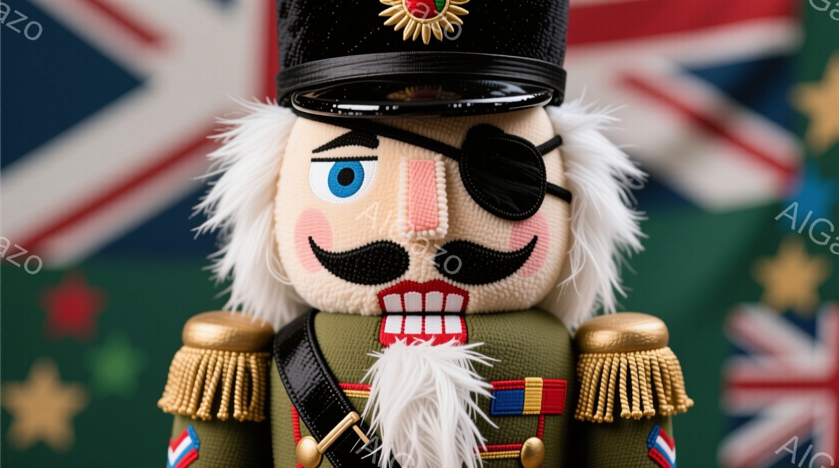 これは、緑色の軍服を着て、金色の装飾が施された兵隊の置物です。白いひげと片方の目の上に眼帯があり、赤い唇が特徴的です。背景には、ぼやけたアメリカ国旗が写っており、置物は正面をまっすぐ見ています。